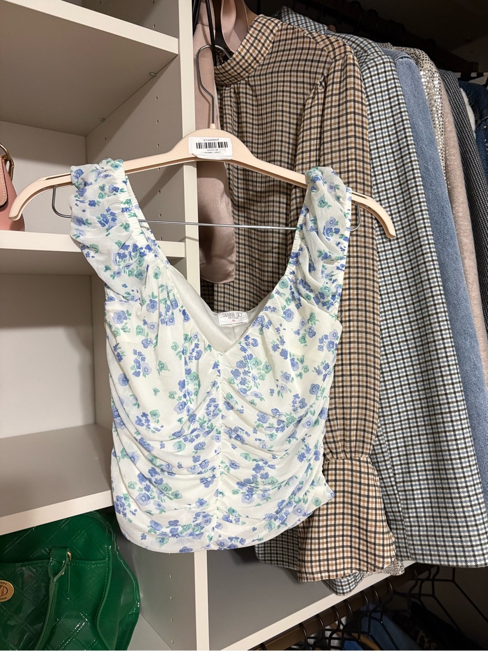 Floral Ruching V-Neck Crop Top - White with Blue Floral